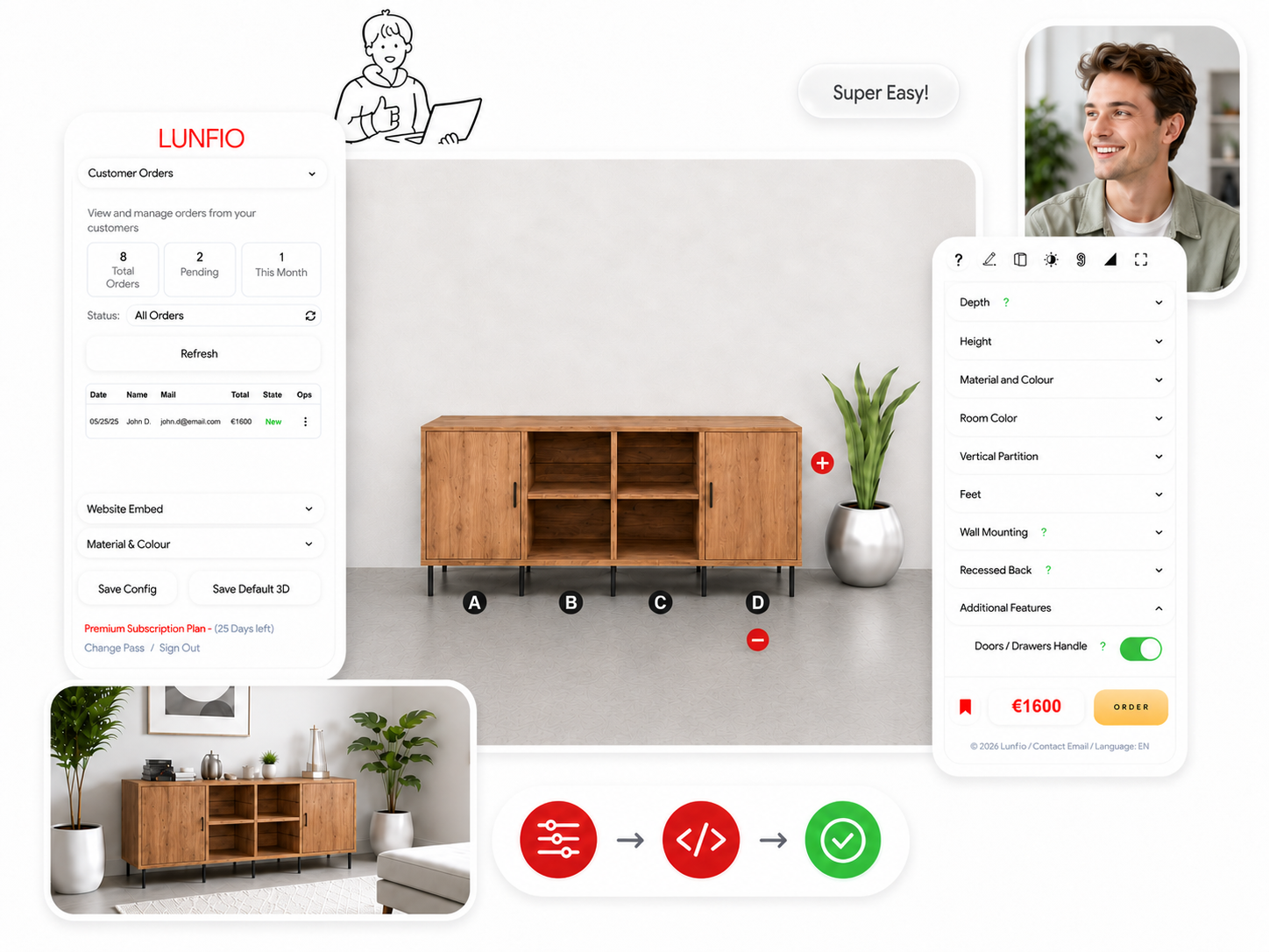 Furniture configurator material selection and order request preview